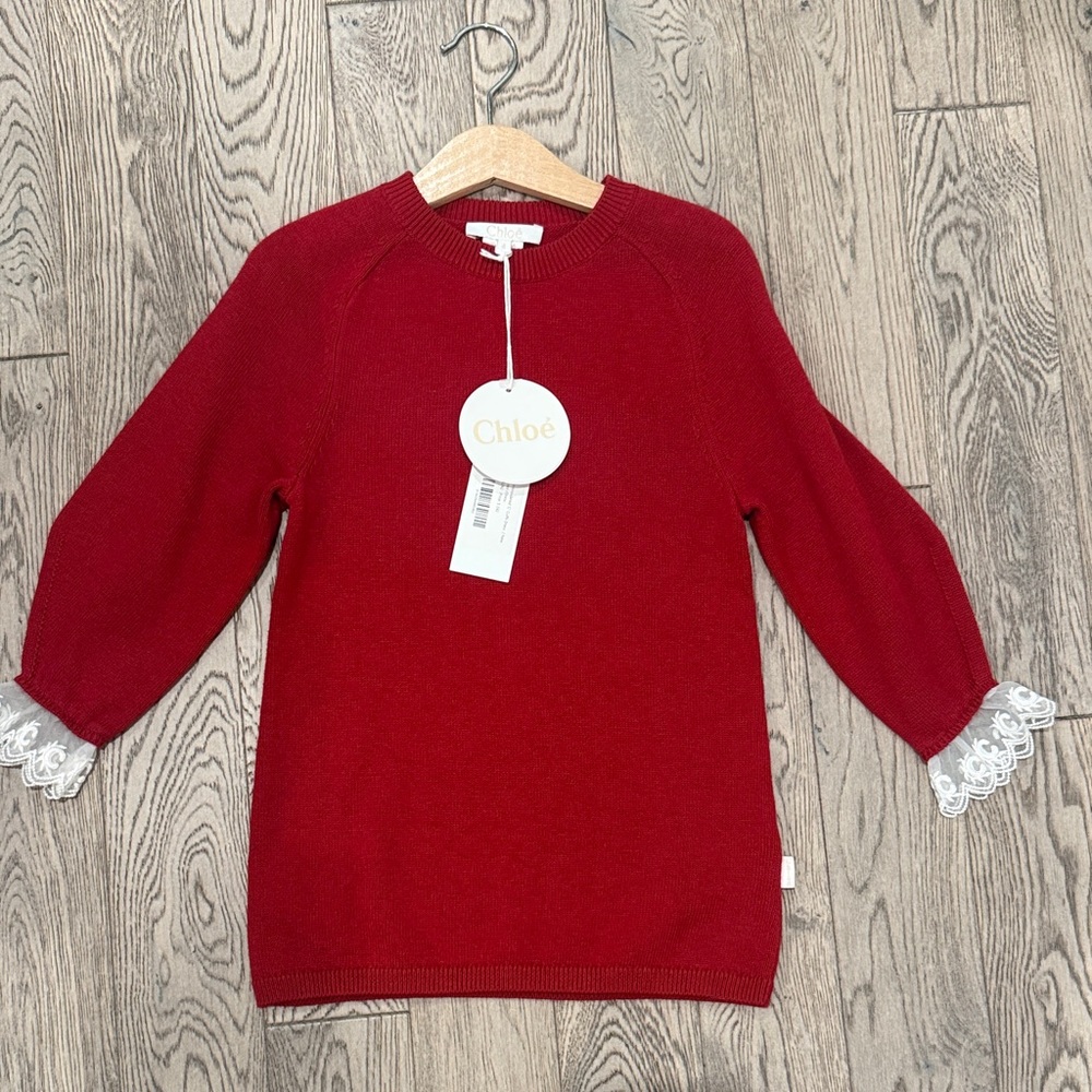 Chloe Red Knit Dress with White Lace Cuffs